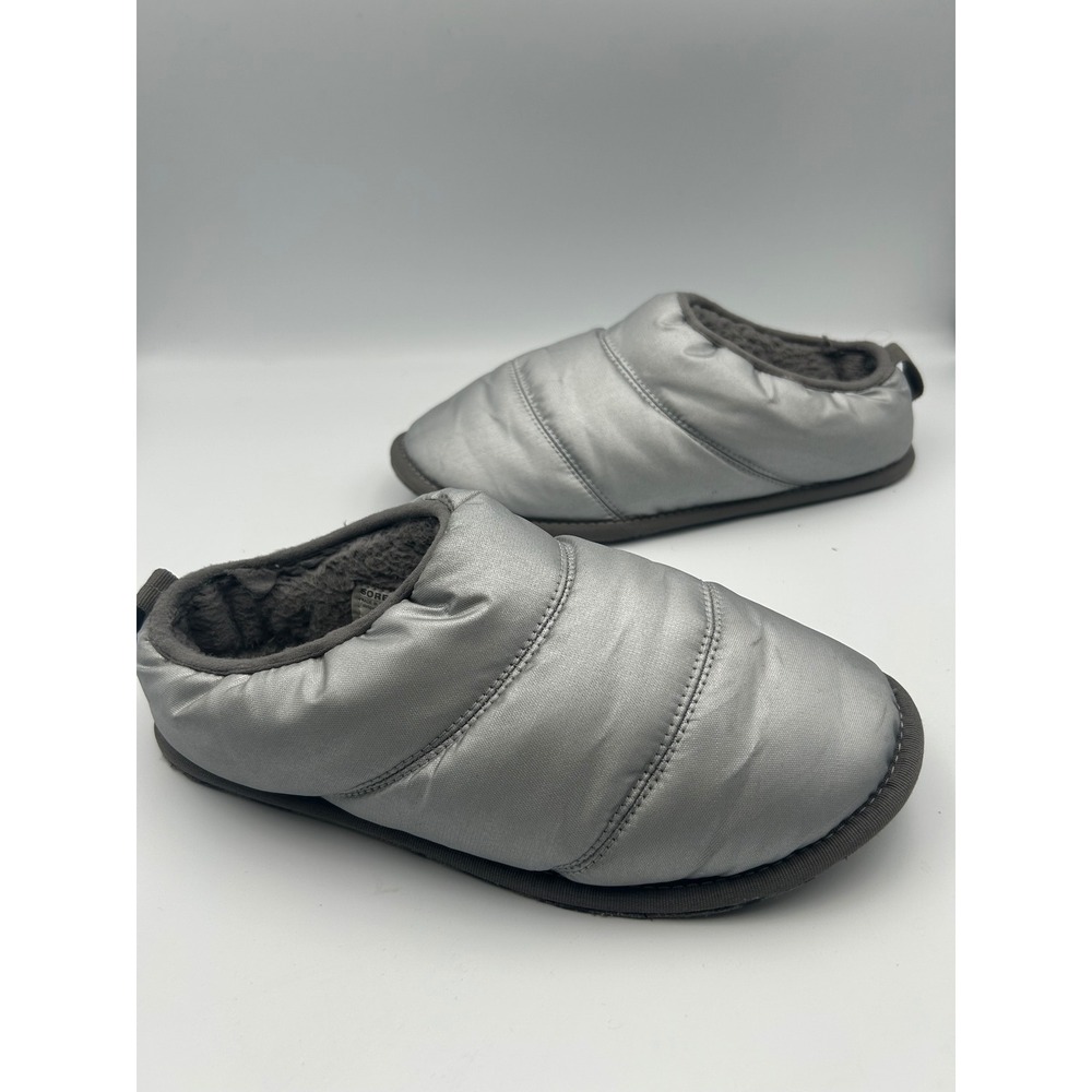 Sorel Silver‎ Puffer Slippers Quilted Metallic Faux Fur Lined House Shoes 2007